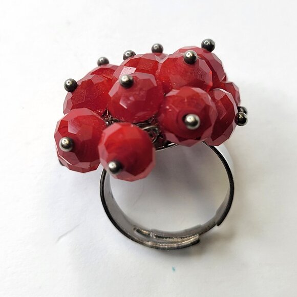 Red Crystal Bead Cluster Ring Adjustable Crystal Ring Statement Crystal Ring - Picture 3 of 6